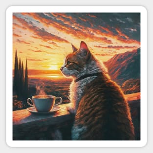 funny cat watching sunset with coffee, funny cats and coffee, cats lover Sticker